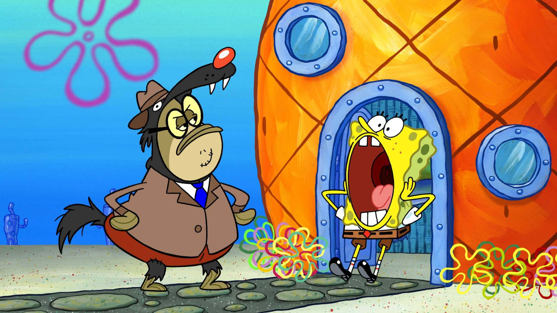 Bubble Bass 桌布 壁紙 — 海綿寶寶驚恐尖叫，因為一隻偵探狗站在他水下的菠蘿屋外。