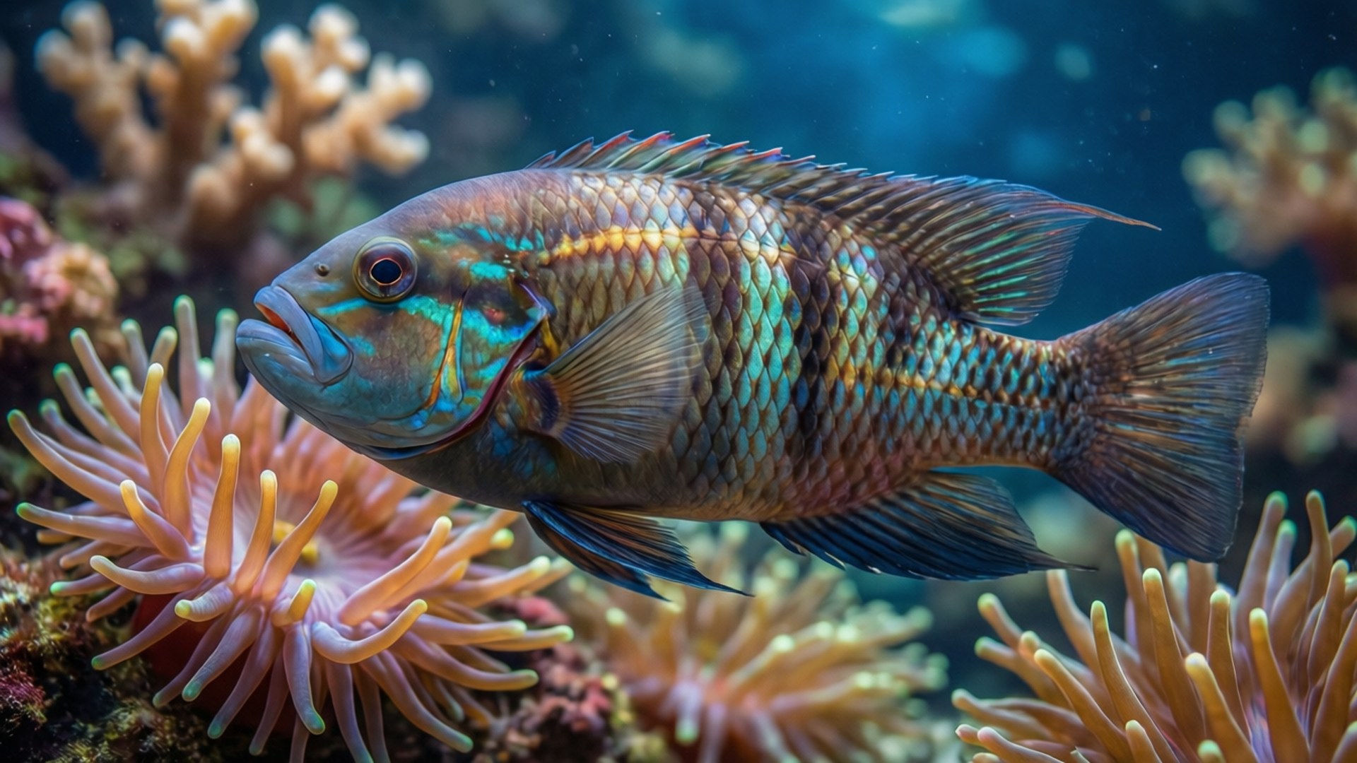 一條色彩繽紛的魚在海水中靠近珊瑚和海葵游動。