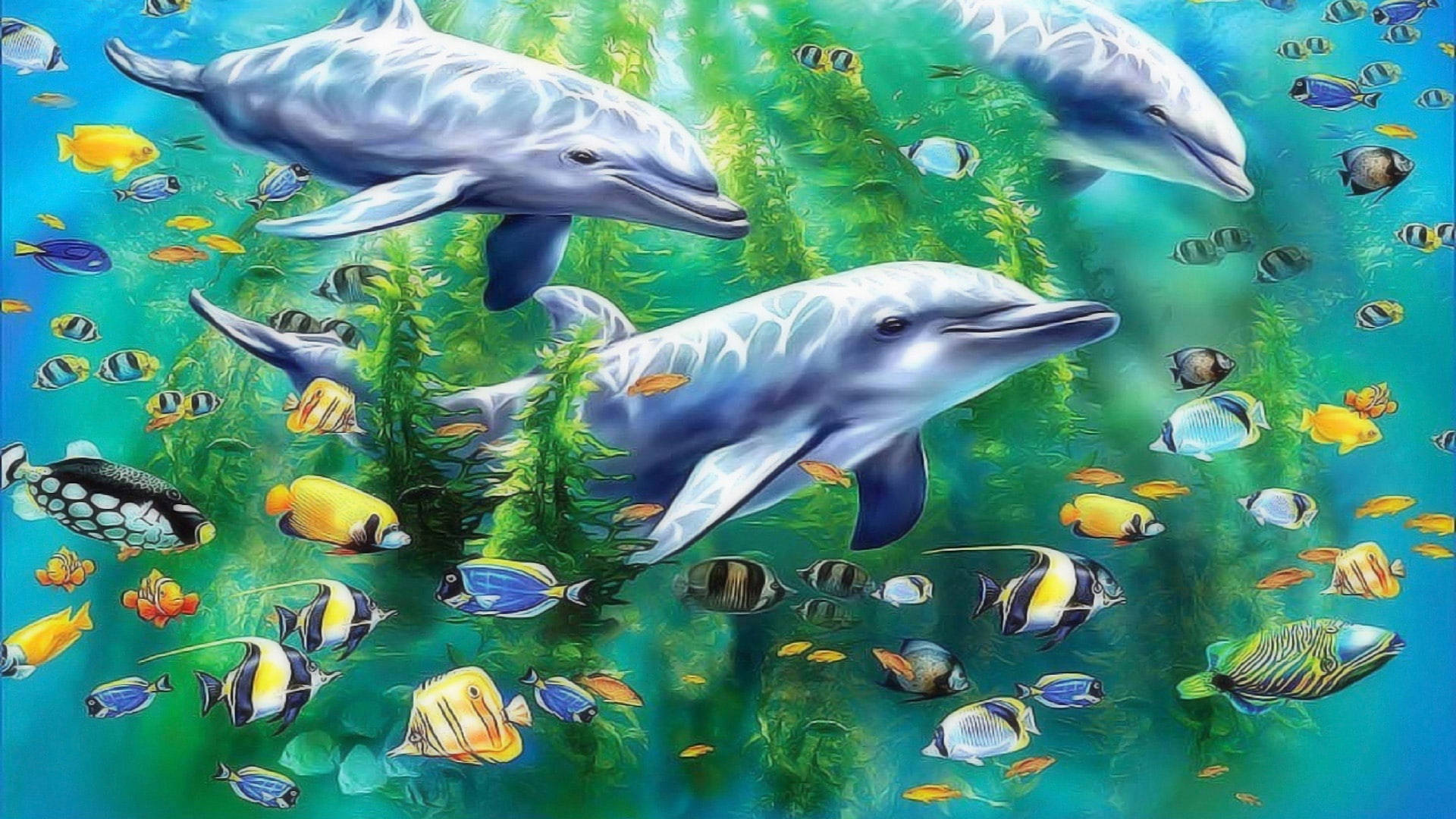 三條海豚在水中的色彩繽紛的魚類和綠色海草之間游泳。