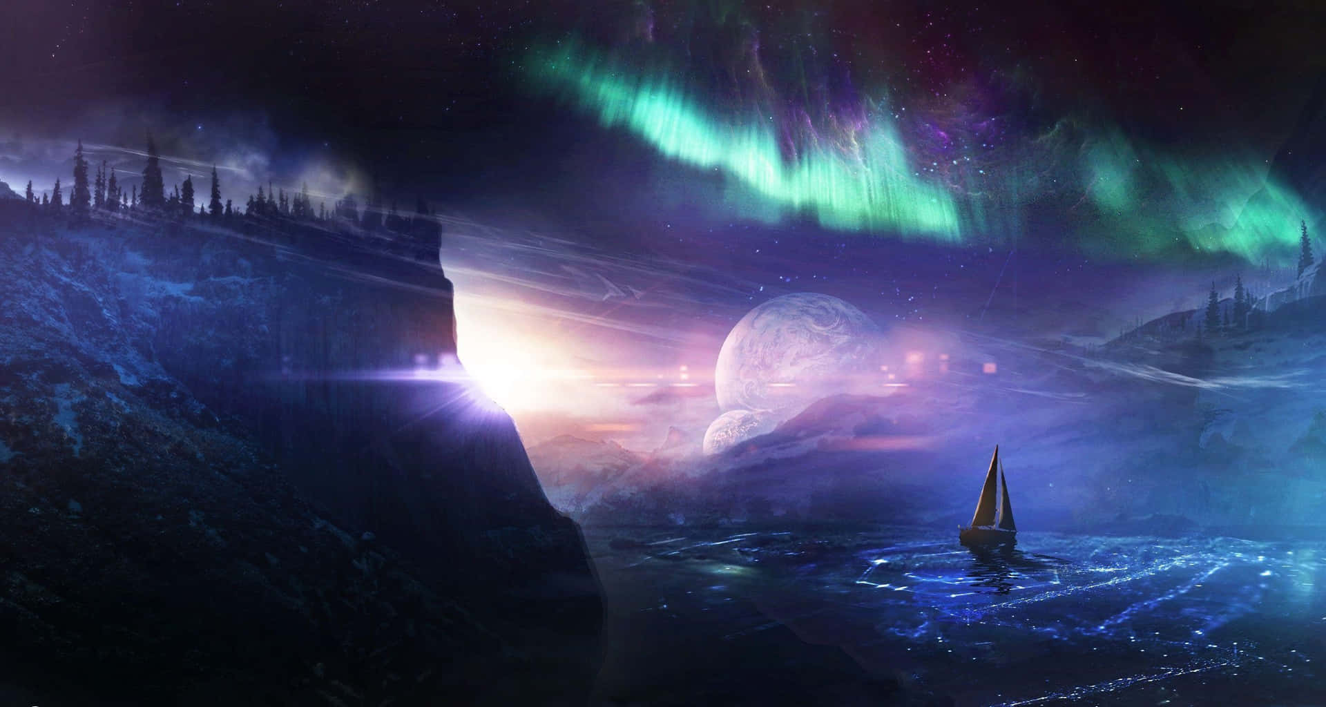 帆船在外星極光和漂浮月亮下，航行於夢幻般的暮色海洋。