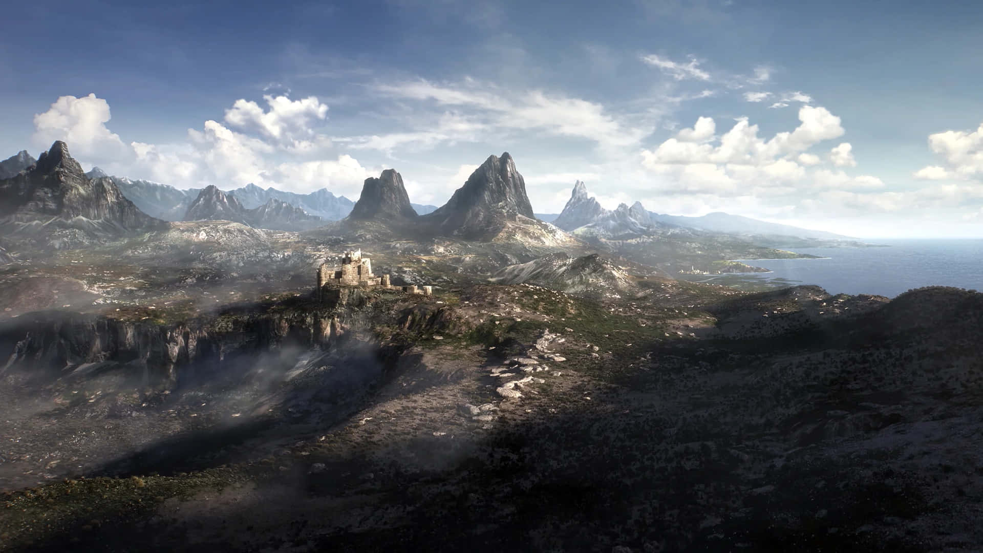 懸崖上的城堡俯瞰山脈和海洋，天空多雲 — 邁阿密海豚 GIF 壁紙