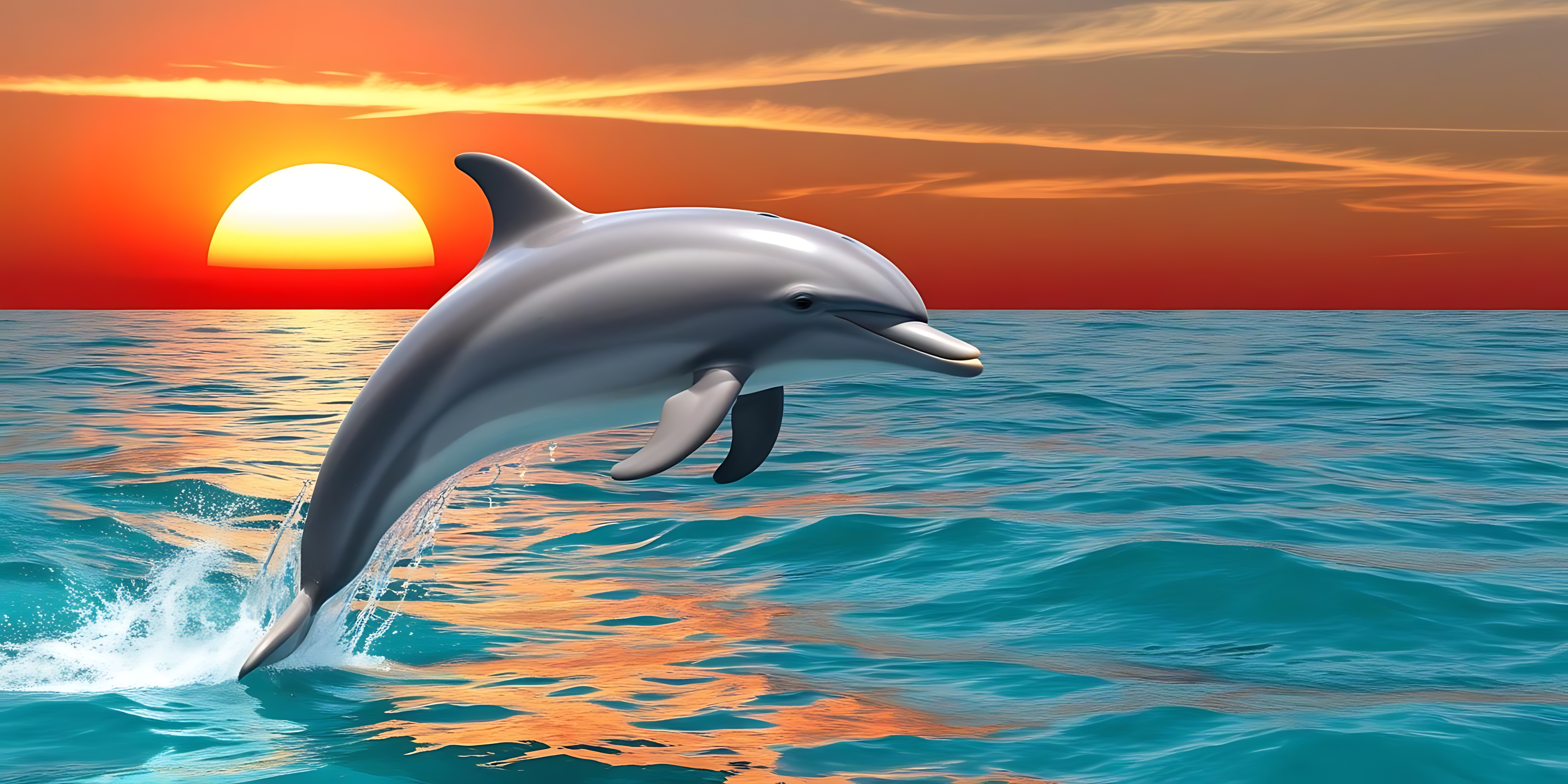 海豚躍過浪花 壁紙 — 一條流線型海豚從碧綠的海水中躍起，背後是火紅的夕陽。