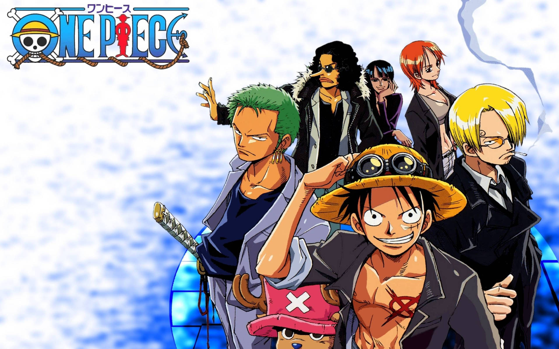 One Piece 動畫船員在船上擺姿勢，背景為海洋。 — 海賊王 4K 壁紙