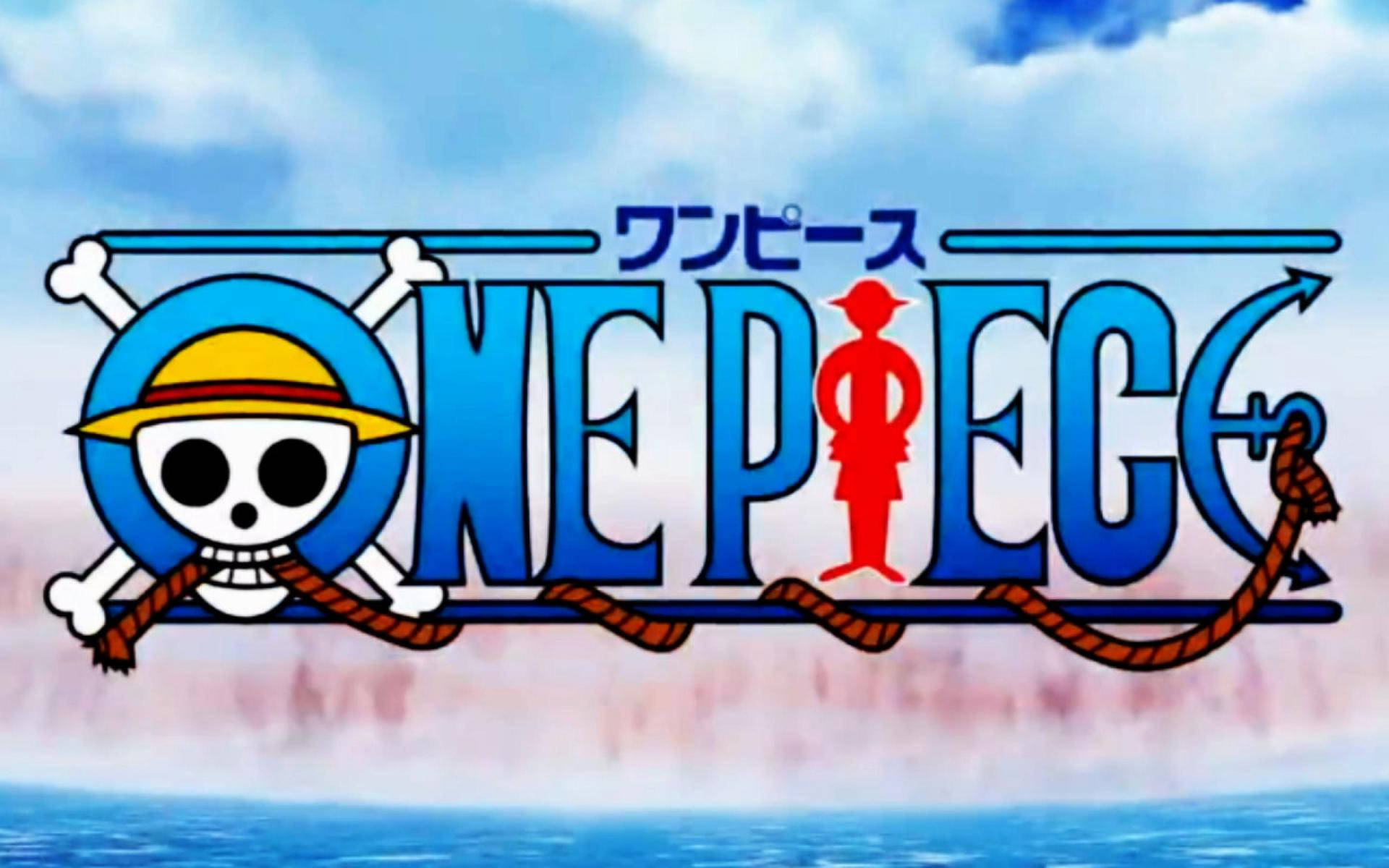 One Piece 動畫標誌，骷髏頭和草帽海盜在天空和海洋之上
