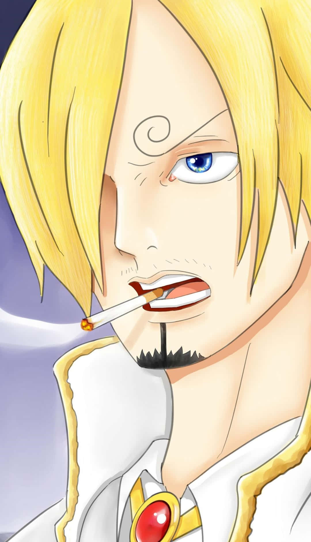 《海賊王》Sanji iPhone壁紙 壁紙 — 紫色背景上，一個金髮藍眼男子抽煙的動漫特寫肖像。