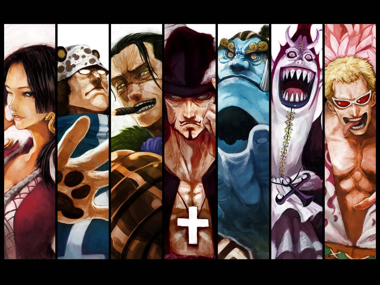 來自《One Piece》的七個動漫角色，表情強烈，色彩鮮豔。