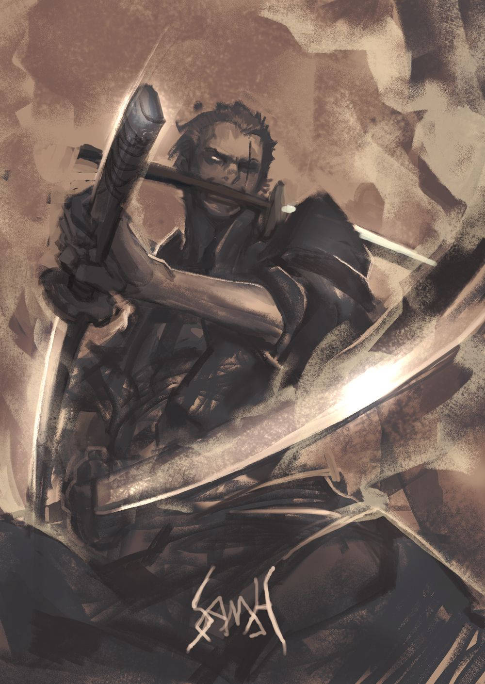 武士戰士在抽象背景前拔劍作戰姿勢。
