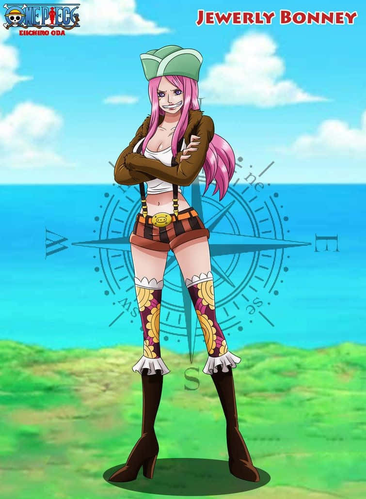 Jewelry Bonney 桌布 壁紙 — 《海賊王》中的珠寶·波妮自信地交叉雙臂，站在明亮的藍天和海洋背景下。
