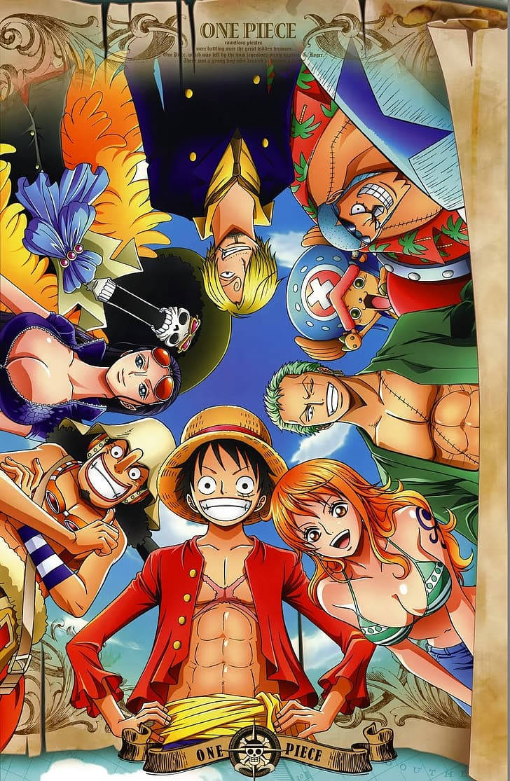 來自《One Piece》動漫系列的草帽海賊團帶著喜悅的表情聚集在一起。