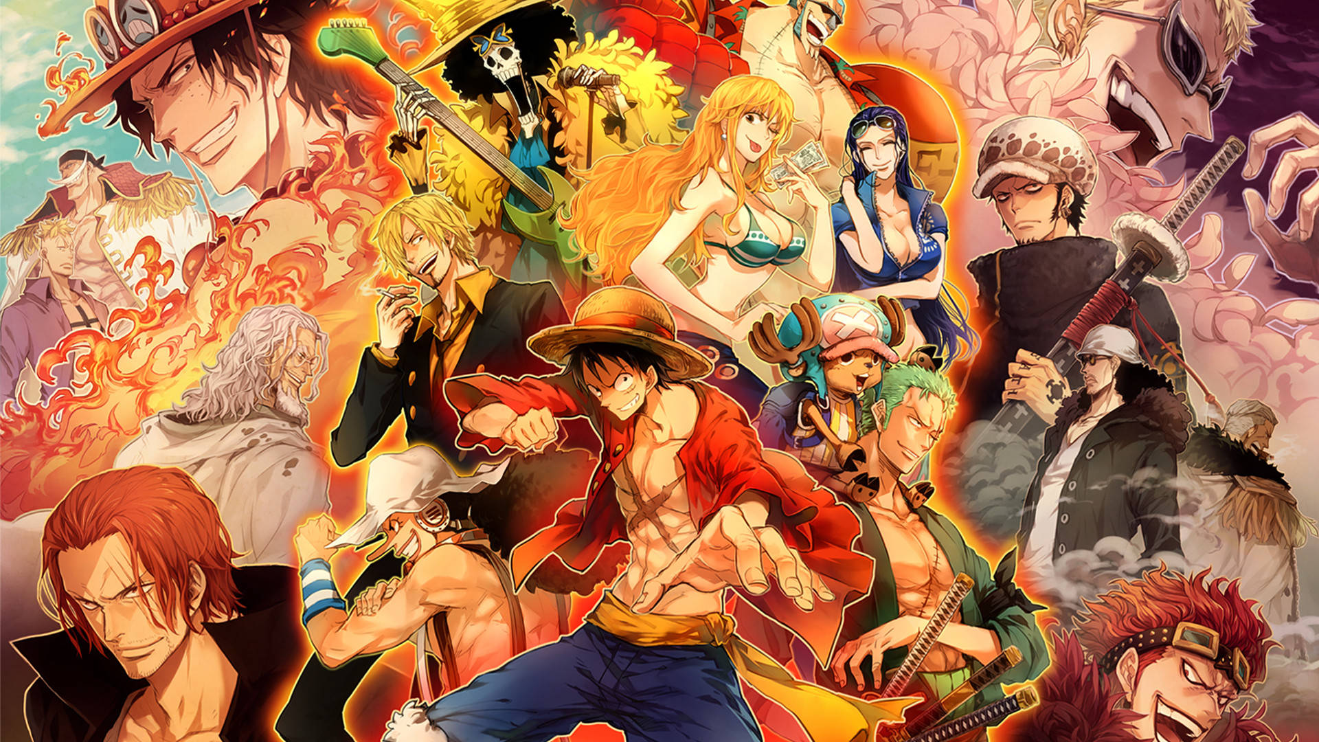 《海賊王》全角色桌面 壁紙 — 《One Piece》船員在火熱和風暴背景中擺出動態姿勢的充滿活力的動漫拼貼畫。