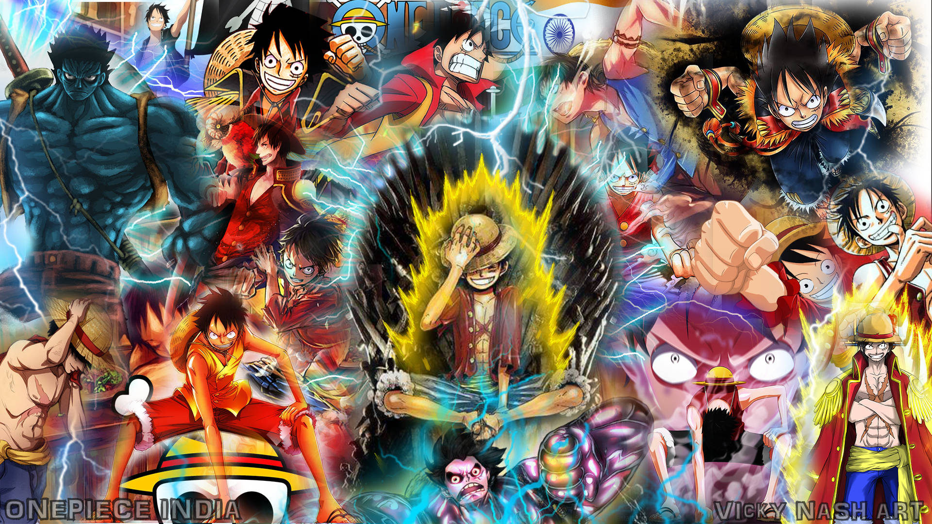 One Piece動漫角色擺出動作姿勢，帶有閃電和能量效果。