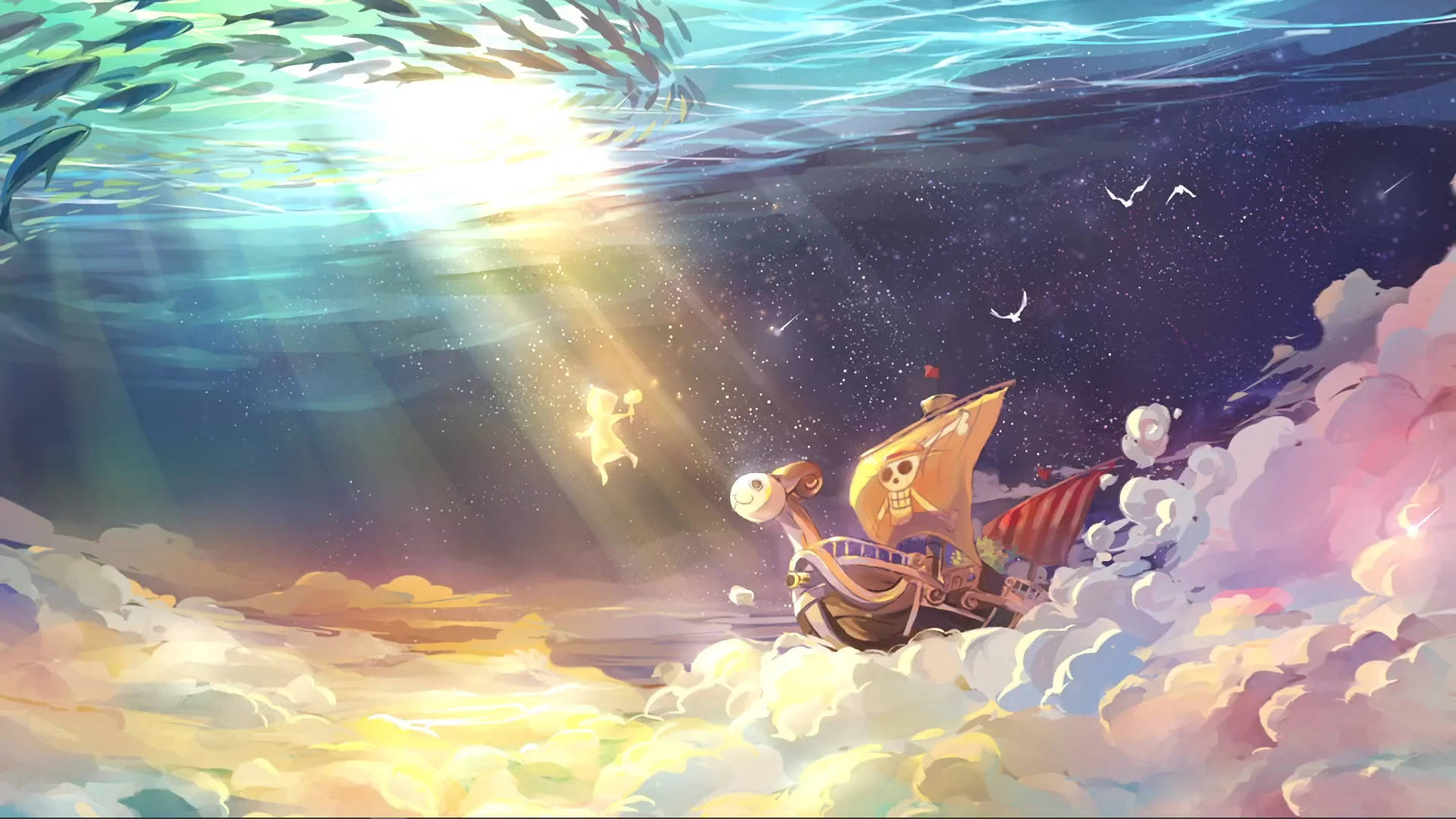 海盜船在雲層和水中航行，有陽光和魚兒。