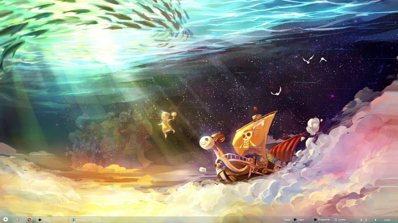 海盜船穿過雲層和水域，伴有魚類和陽光