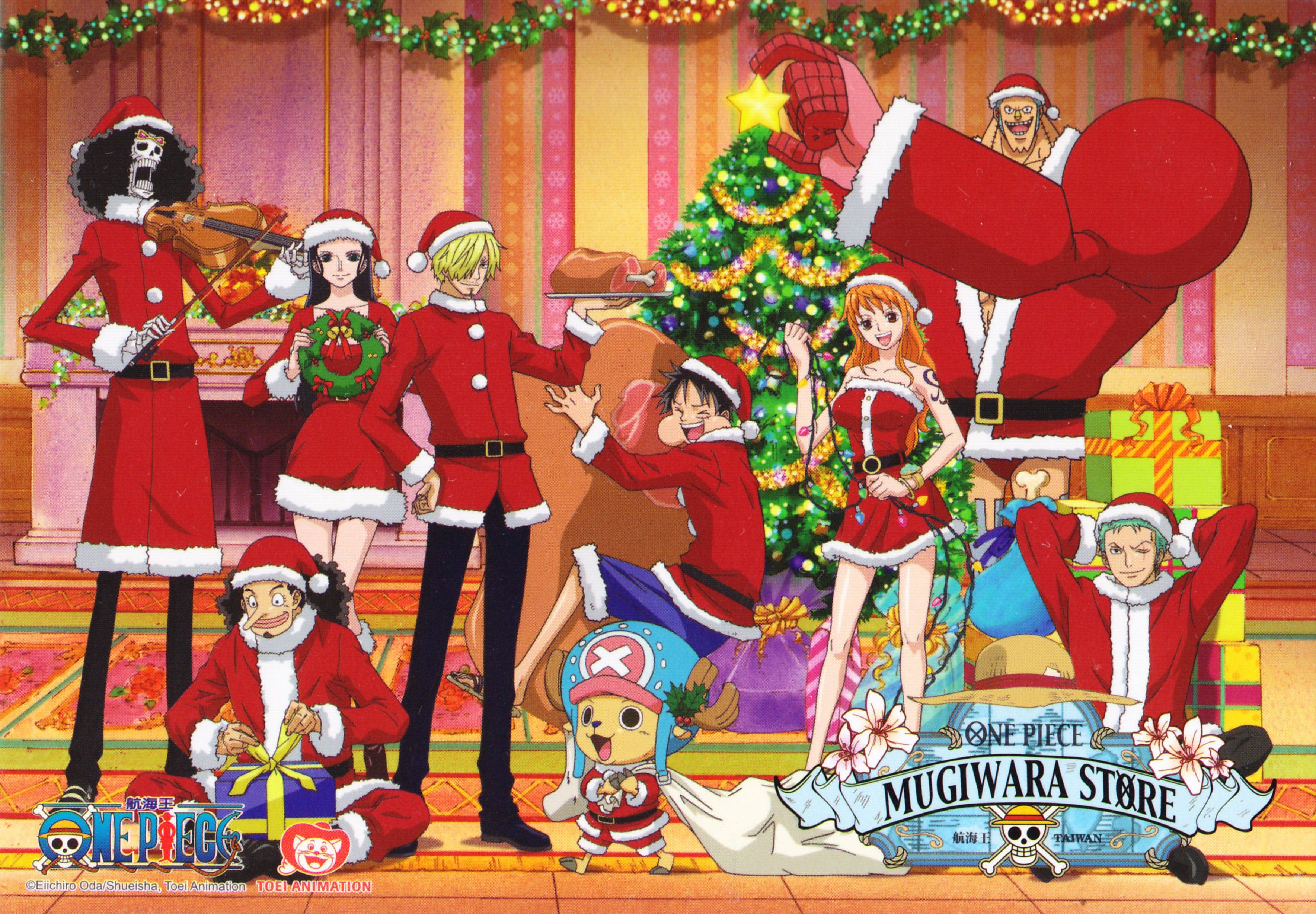 《海賊王》動畫聖誕節 壁紙 — One Piece 船員穿著節日紅色聖誕老人服裝，在溫暖照明的房間裡歡樂地聚集在裝飾好的聖誕樹周圍。