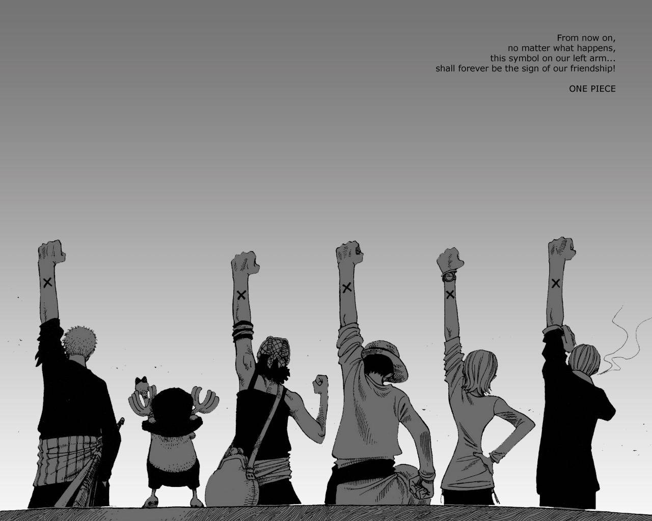 六個《One Piece》角色舉起拳頭，手臂上顯示X標記，作為友誼的象徵。