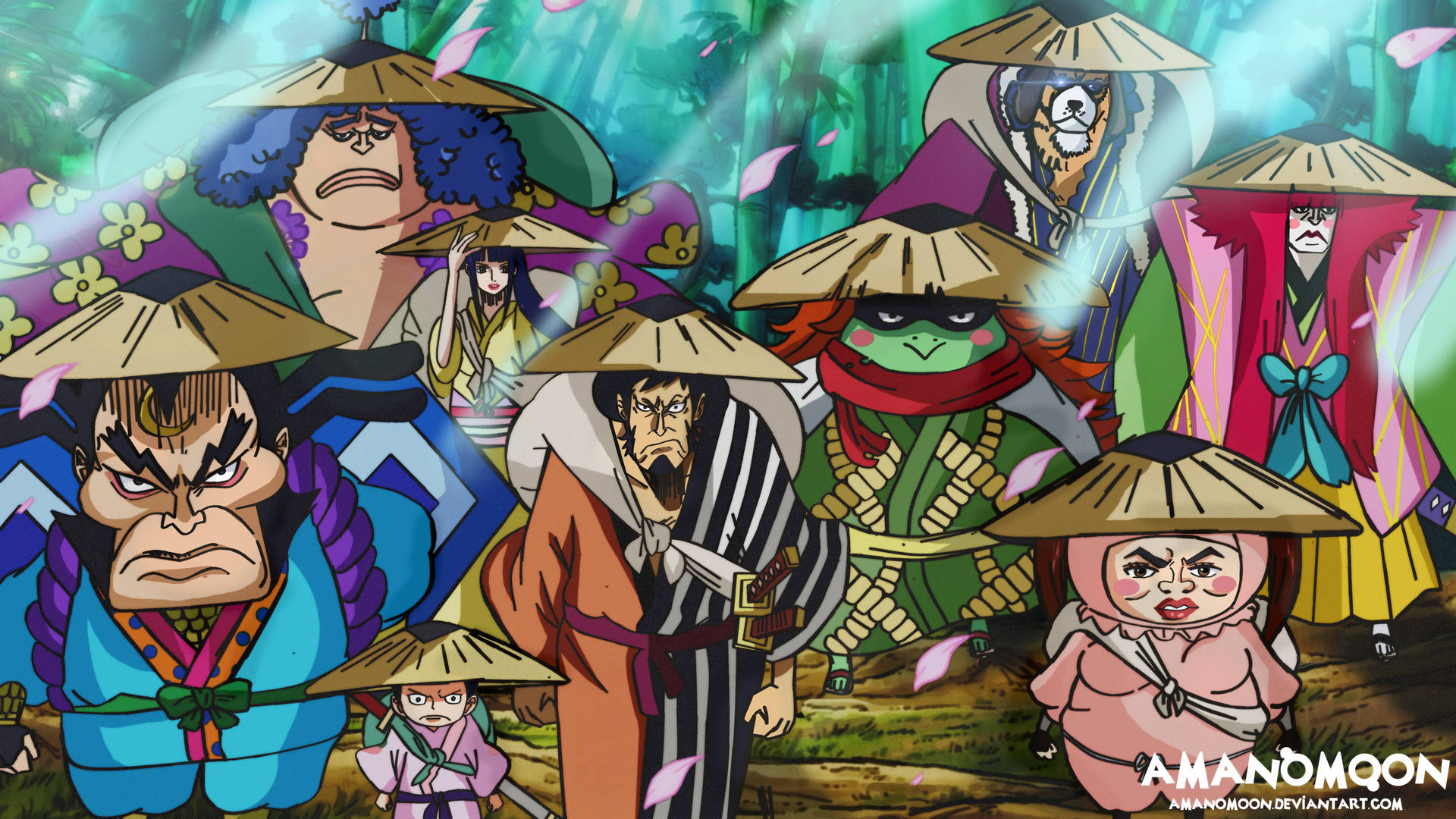 《海賊王》和之國 4K 壁紙：九紅鞘武士 壁紙 — 一個充滿活力的動漫群體，由不同角色戴著傳統草帽，站在茂密綠色森林中飄落的櫻花之間。