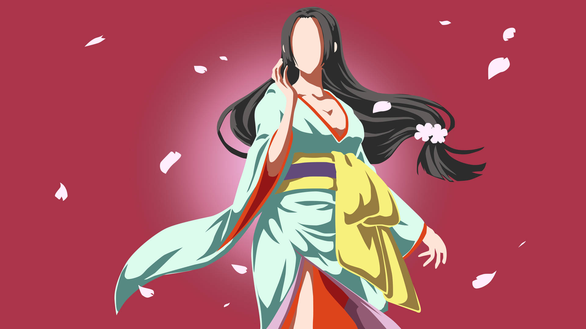 穿著和服的動漫女性跳舞，櫻花在她周圍飄落。