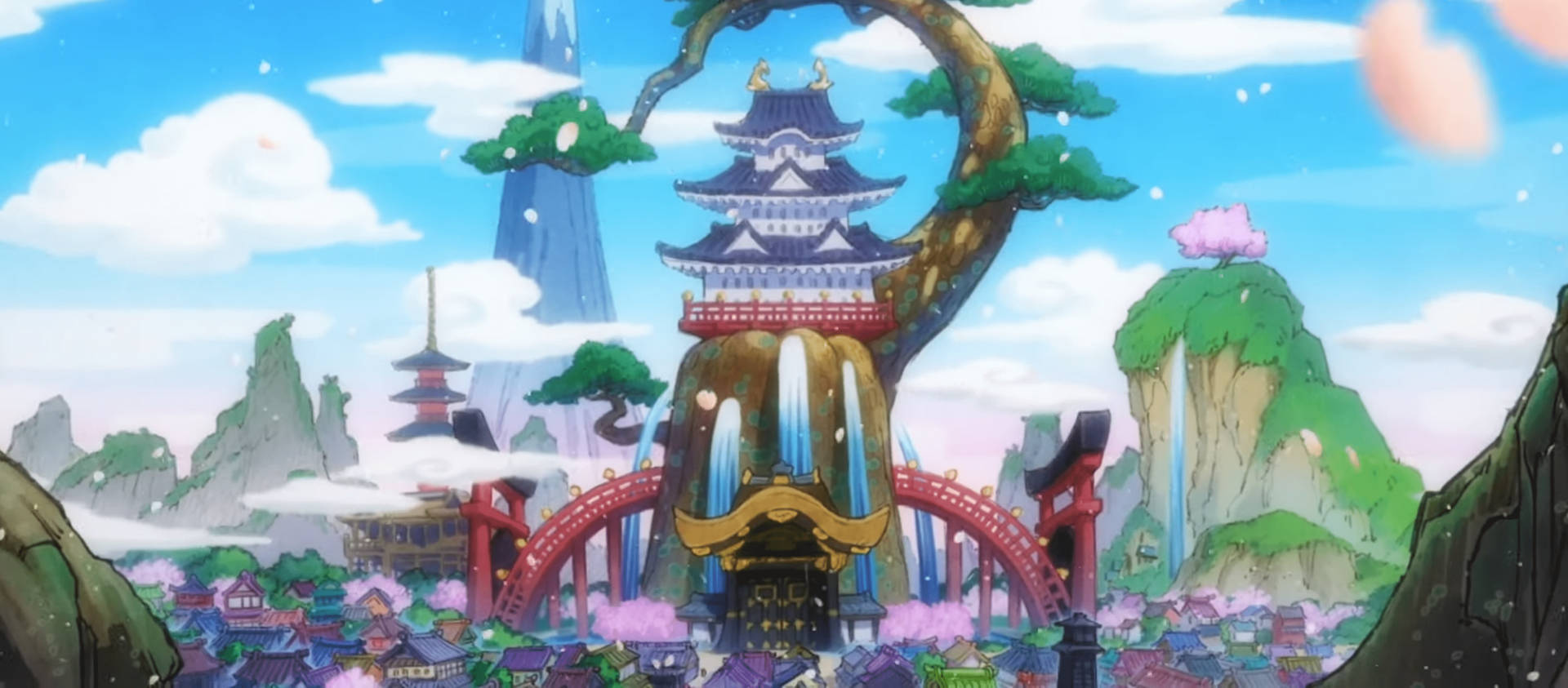 動漫奇幻景觀，一棵巨樹托著一座寶塔，下方是櫻花和浮島環繞的村莊。