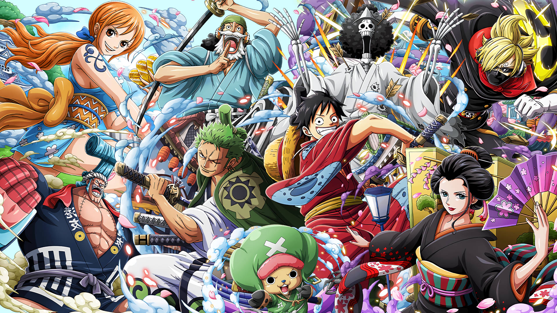《One Piece》動漫角色在充滿動作的戰鬥場景中，帶有多彩效果。