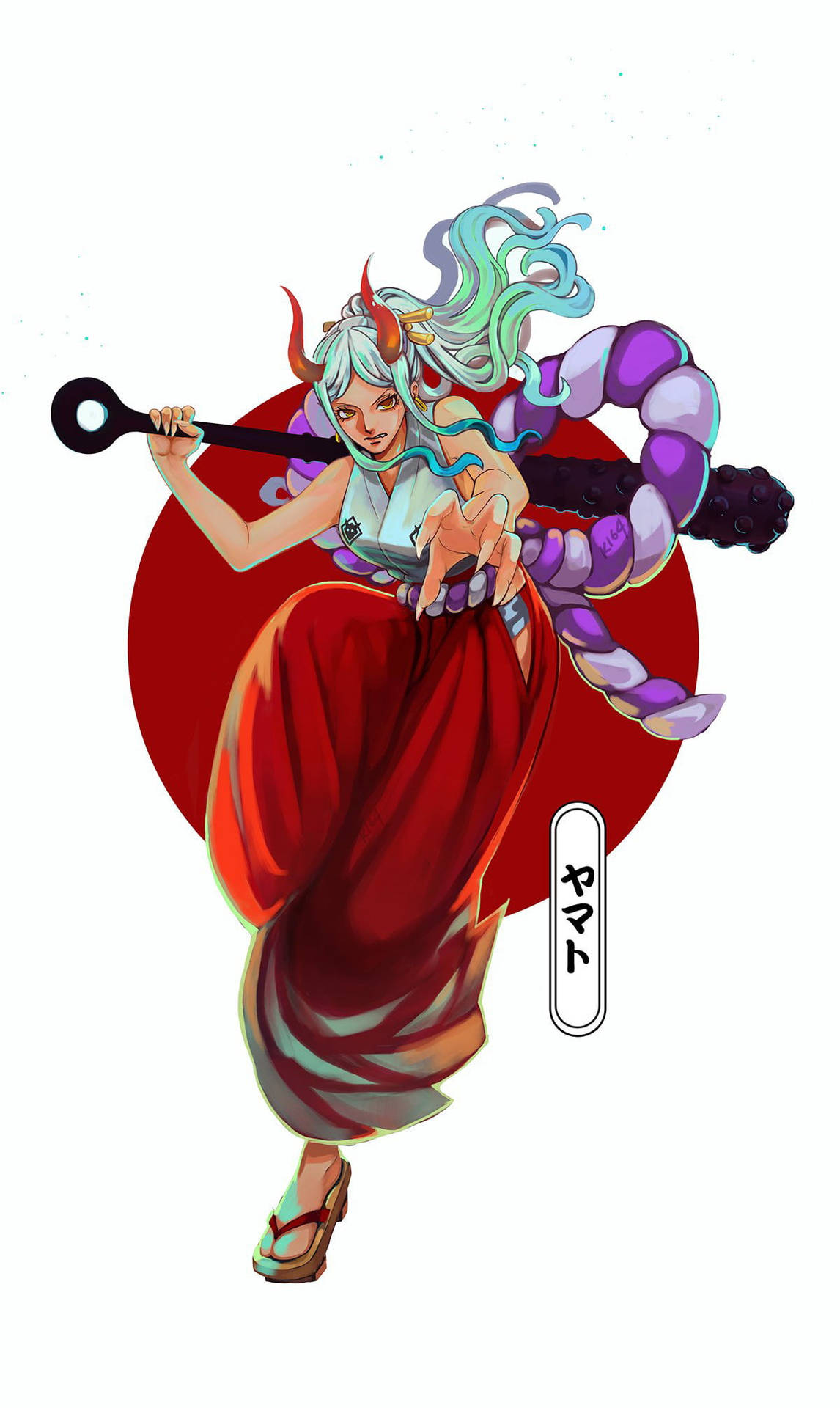 動漫角色大和身穿紅色長袍，揮舞著帶有紫色蛇狀附屬物的法杖。