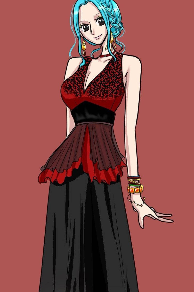 藍髮動漫女性紅黑連衣裙珠寶