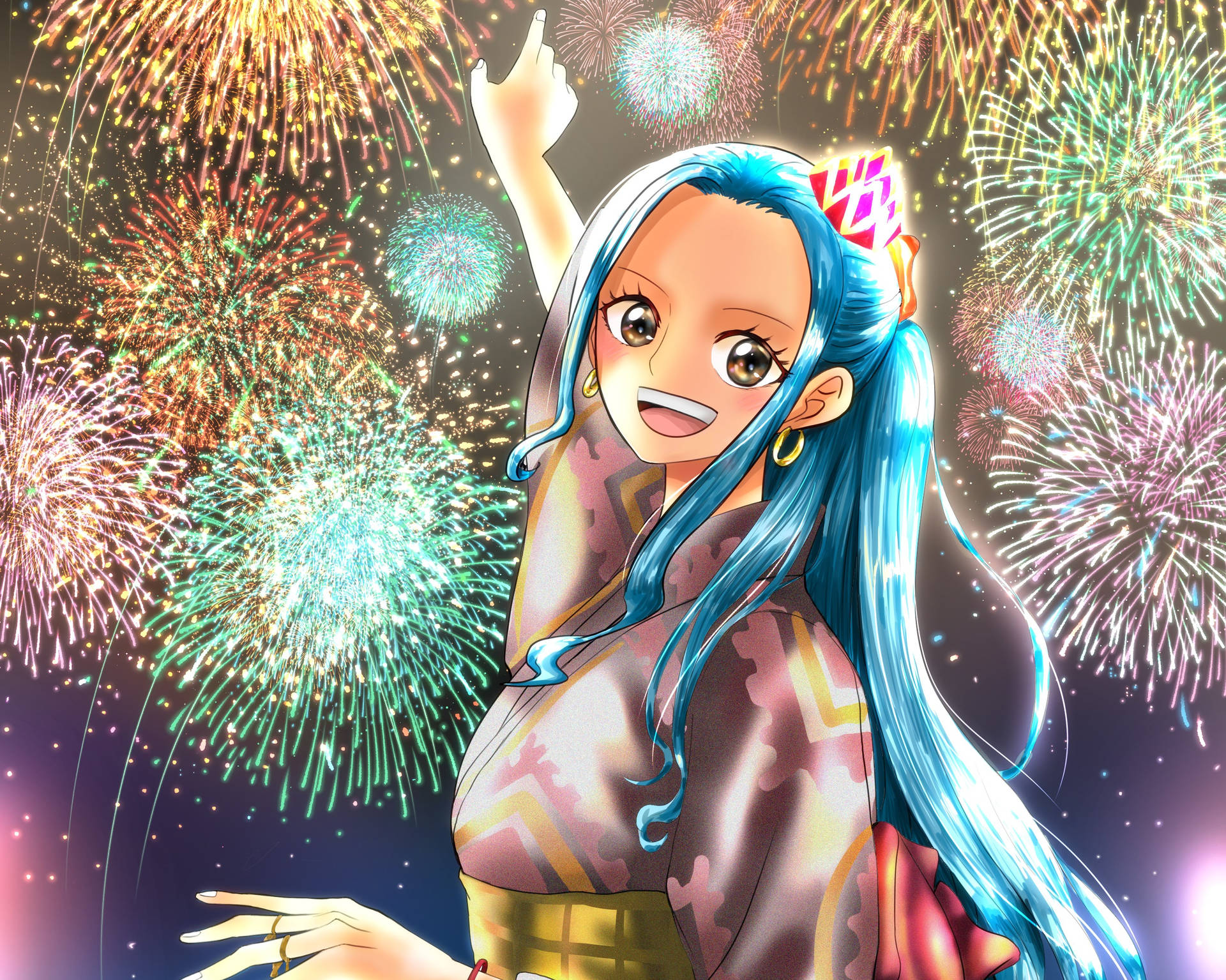 夜晚煙花下微笑的和服動畫女孩