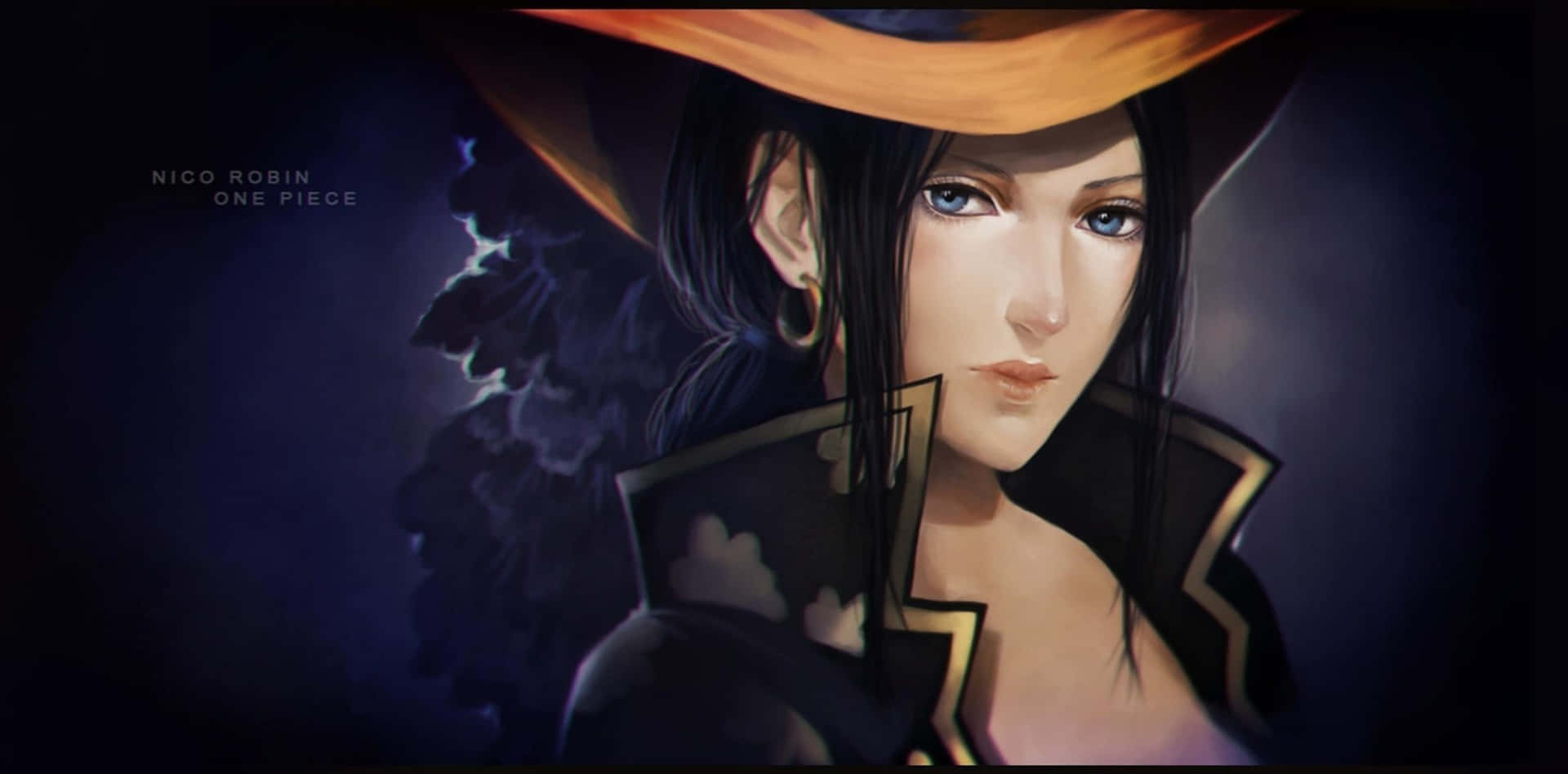 Nico Robin 桌布 壁紙 — 《海賊王》妮歌·魯賓嘅特寫肖像，戴住闊邊帽，深色頭髮同藍色眼睛，背景陰暗。