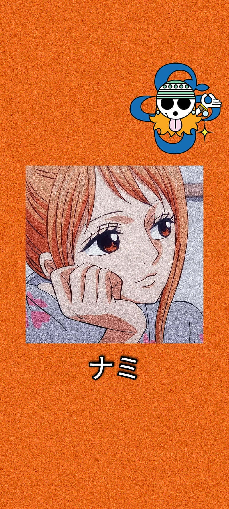 《海賊王》娜美橙色動畫壁紙 壁紙 — 動漫角色娜美將下巴擱在手上，背景為純橙色，上方有她的海盜船員標誌。