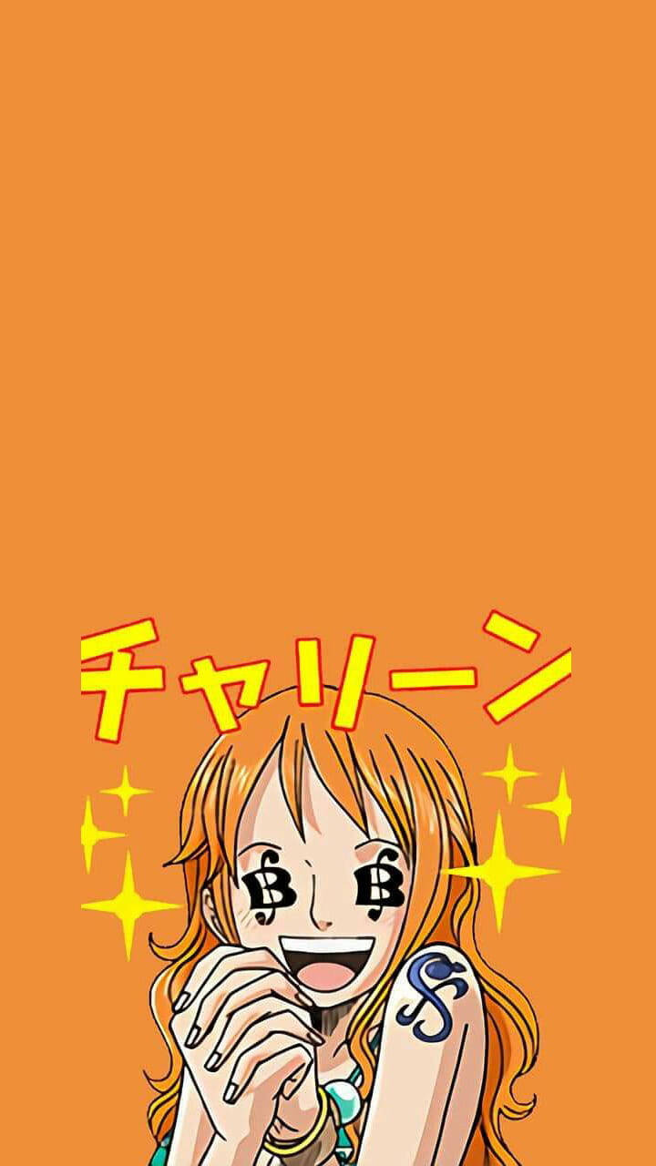 橙色頭髮和B紋身的動漫女孩開心地咧嘴笑，帶有閃爍光芒。