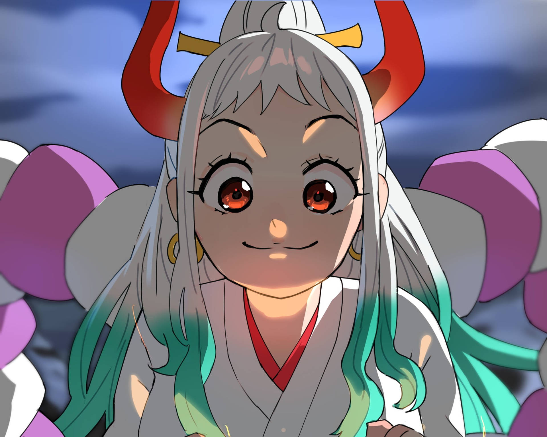 《海賊王》年輕的大和 壁紙 — 一個開心的動畫女孩，銀色頭髮和紅色角，在陰天中溫暖地微笑。