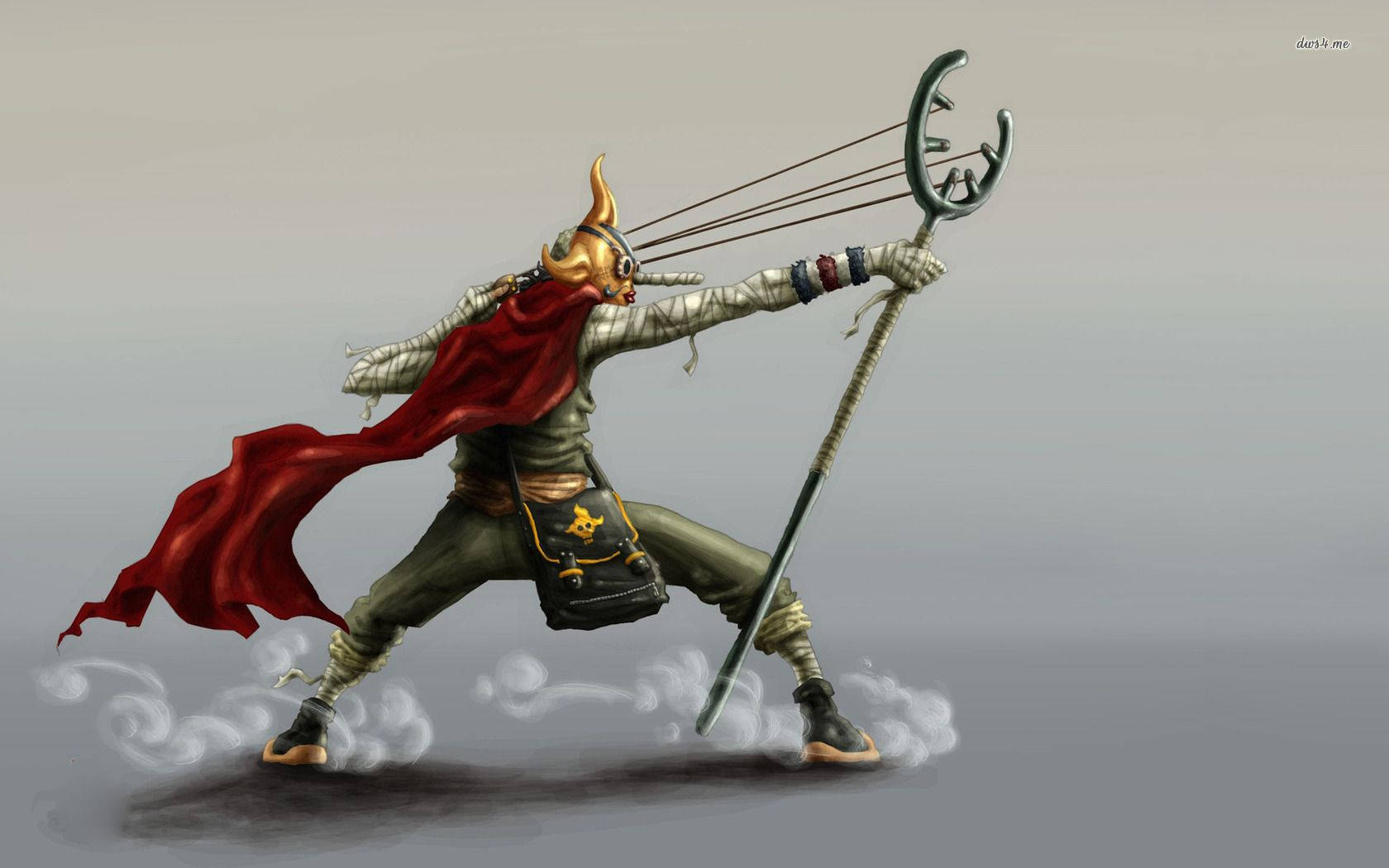 身穿紅色斗篷的骷髏動漫戰士以動作姿勢拉弓。