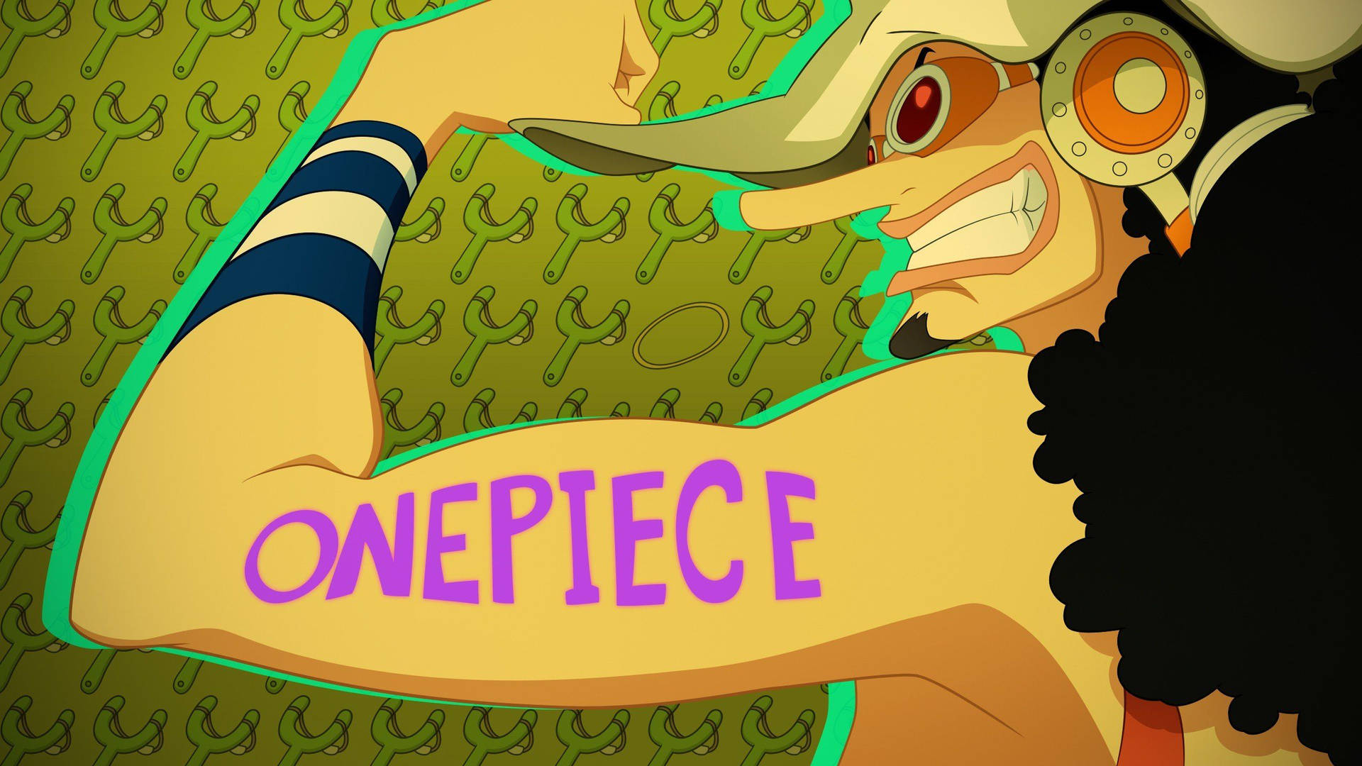 動漫角色彎曲手臂，二頭肌上有「ONEPIECE」文字。