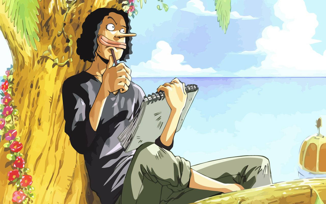 動漫角色在樹下靠近海洋素描