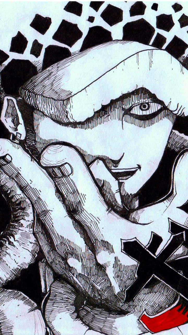 《海賊王》特拉法爾加·羅展現驚險動作 壁紙 — 一個風格化的動漫角色，只露出一隻眼睛，戴著帽子，手持香煙，背景為黑白幾何圖案。