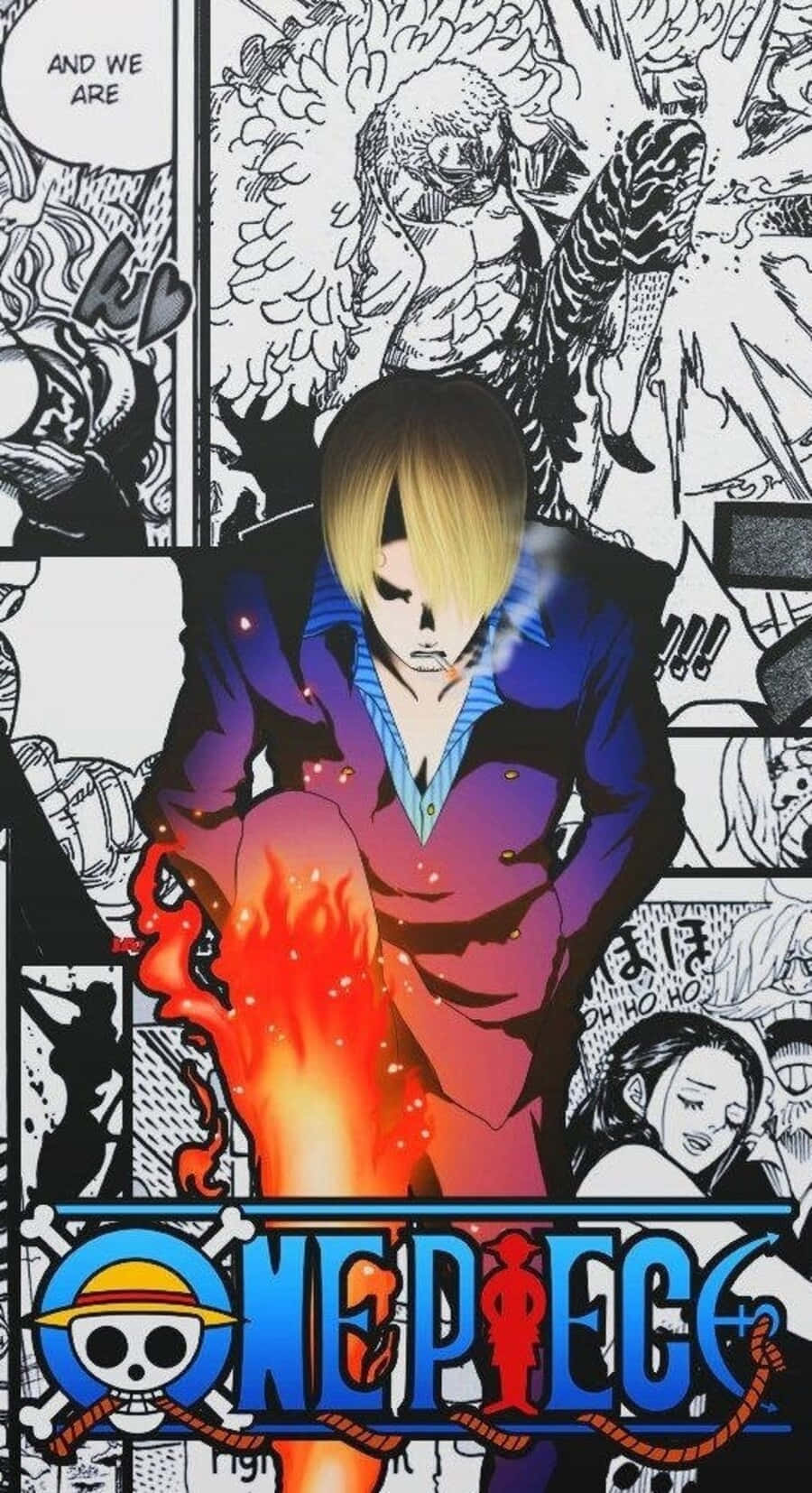 One Piece Manga 桌布 壁紙 — 《海賊王》的一個漫畫分鏡顯示一個金髮角色穿著紫色外套，舉著一條燃燒的腿，周圍是充滿動作的漫畫框。