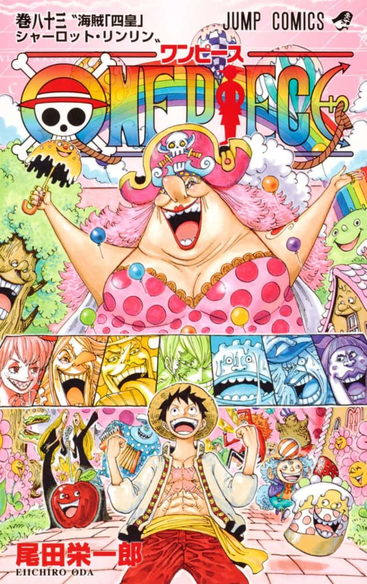 Shonen Jump 桌布 壁紙 — 《海賊王》第83卷充滿活力的動畫封面，展示了一位快樂的粉紅色頭髮女性和一個微笑的男孩，周圍環繞著色彩繽紛的角色和彩虹圖案。
