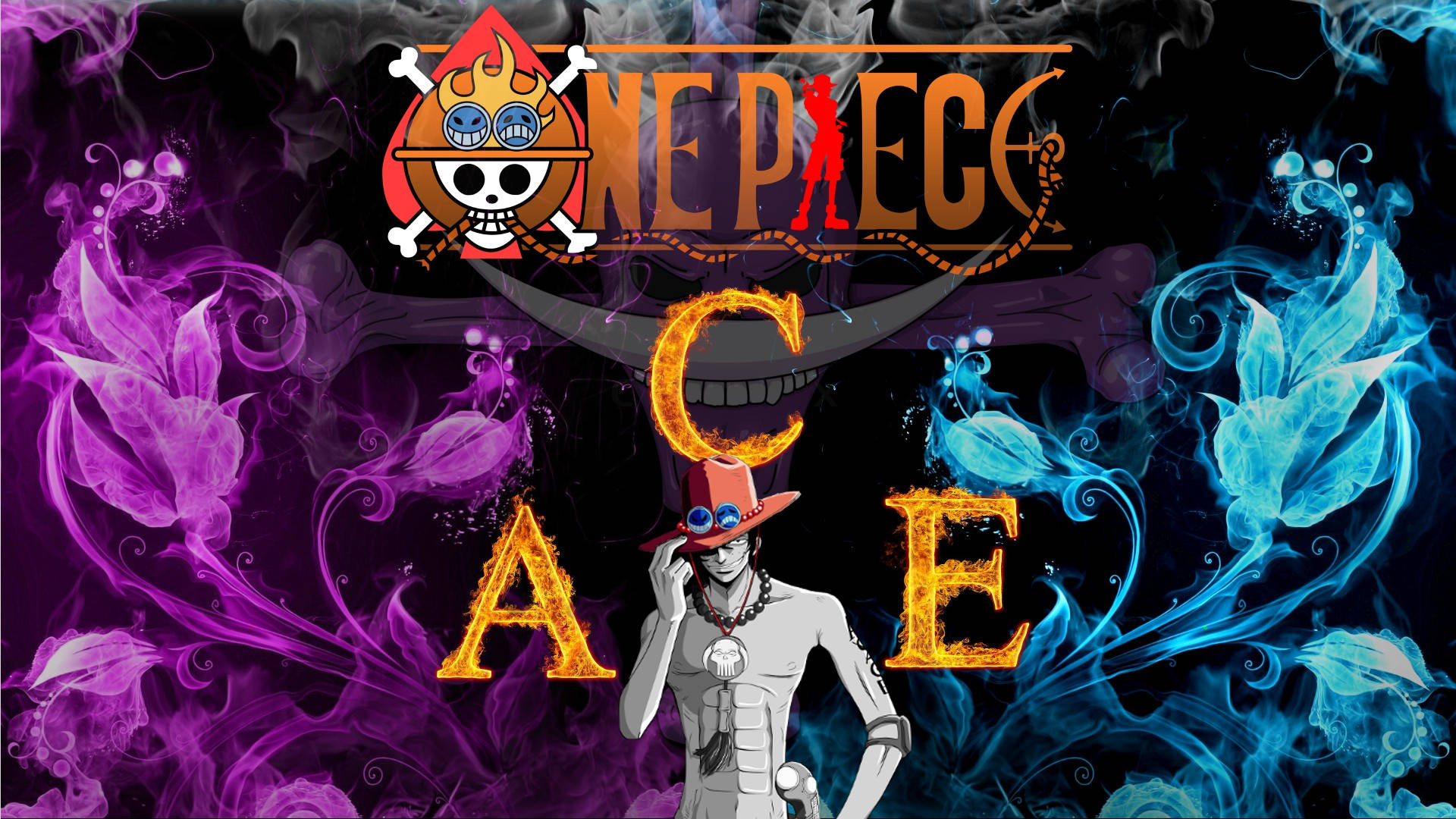 《海賊王》的動漫角色 Ace，帶有燃燒的文字和旋轉的紫色藍色煙霧。