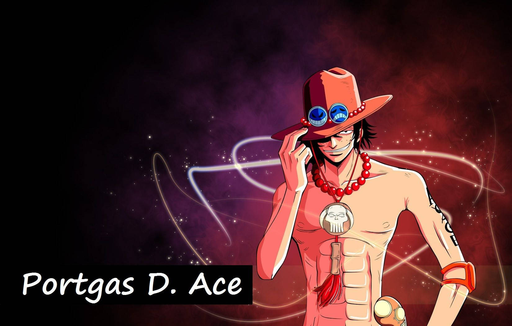 海賊王：艾斯經典動畫海報 壁紙 — 動漫角色 Portgas D Ace 戴著紅色帽子和珠子，背景是帶有發光線條的宇宙紫色和紅色。