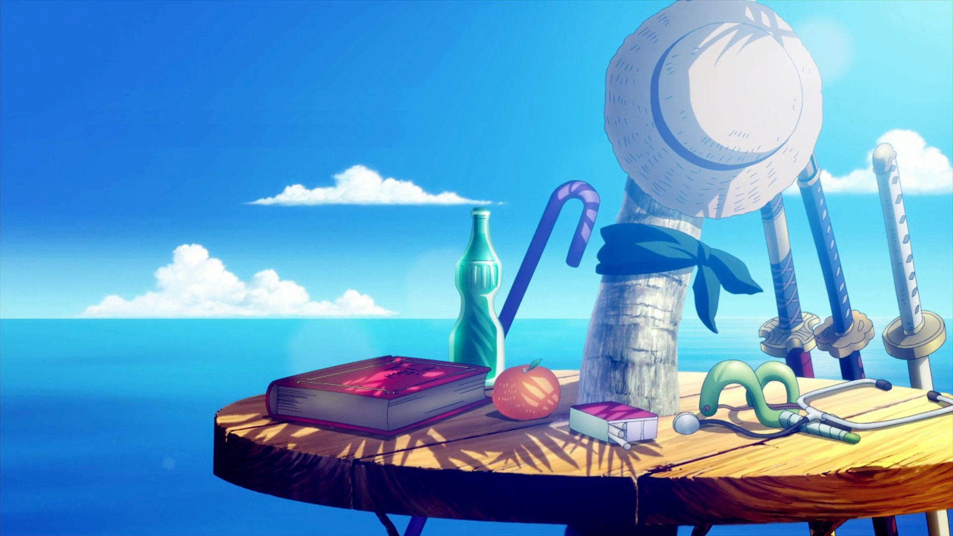 《海賊王》草帽海灘藍色場景 壁紙 — 海邊的木桌上放著一頂草帽、劍、書本和一個綠色瓶子，在明亮的藍天下。