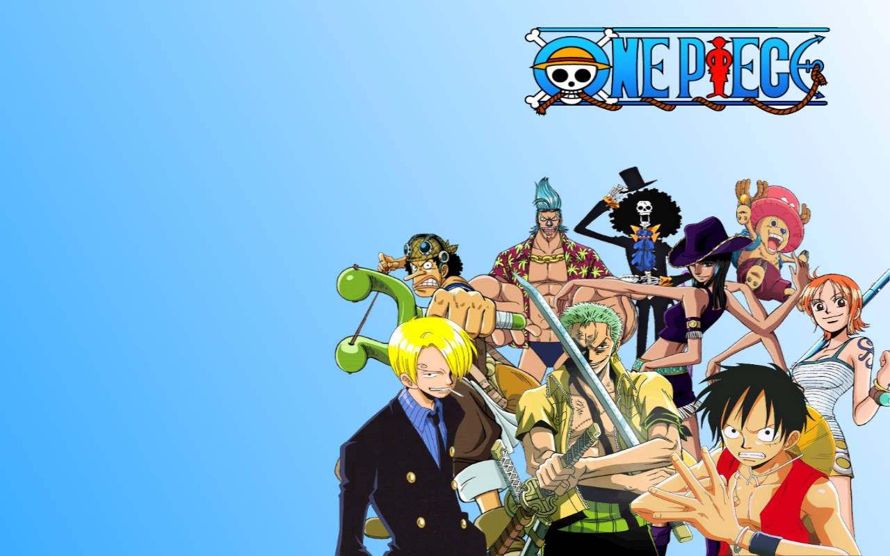《海賊王》草帽海賊團藍色光效 壁紙 — 一幅充滿活力的動漫牆紙，One Piece 船員在晴朗的藍天下動態擺姿勢，上方有節目標誌。
