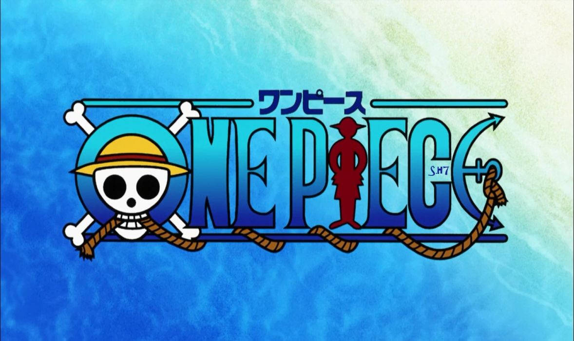 《海賊王》藍色海洋背景標誌 壁紙 — One Piece 標誌以藍色水底背景上的骷髏頭戴草帽，配有骨頭和繩索為特色。