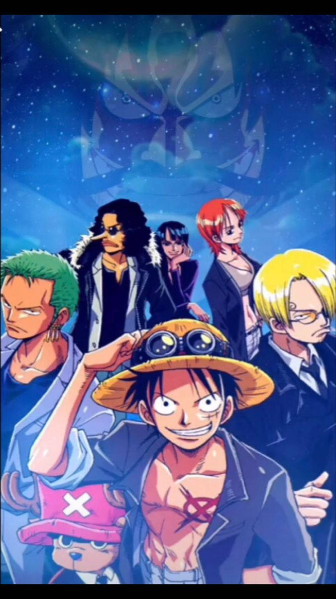 《海賊王》藍色草帽海賊團 壁紙 — 一群充滿活力的動畫海盜在星空下挑釁地站立，身後有一個幽靈般的面孔若隱若現。