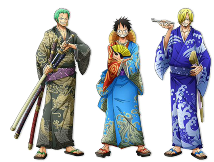 《海賊王》角色穿和服 壁紙 — 三個動漫角色身穿色彩繽紛的傳統日本長袍，自信地擺出姿勢，手持武器和扇子。