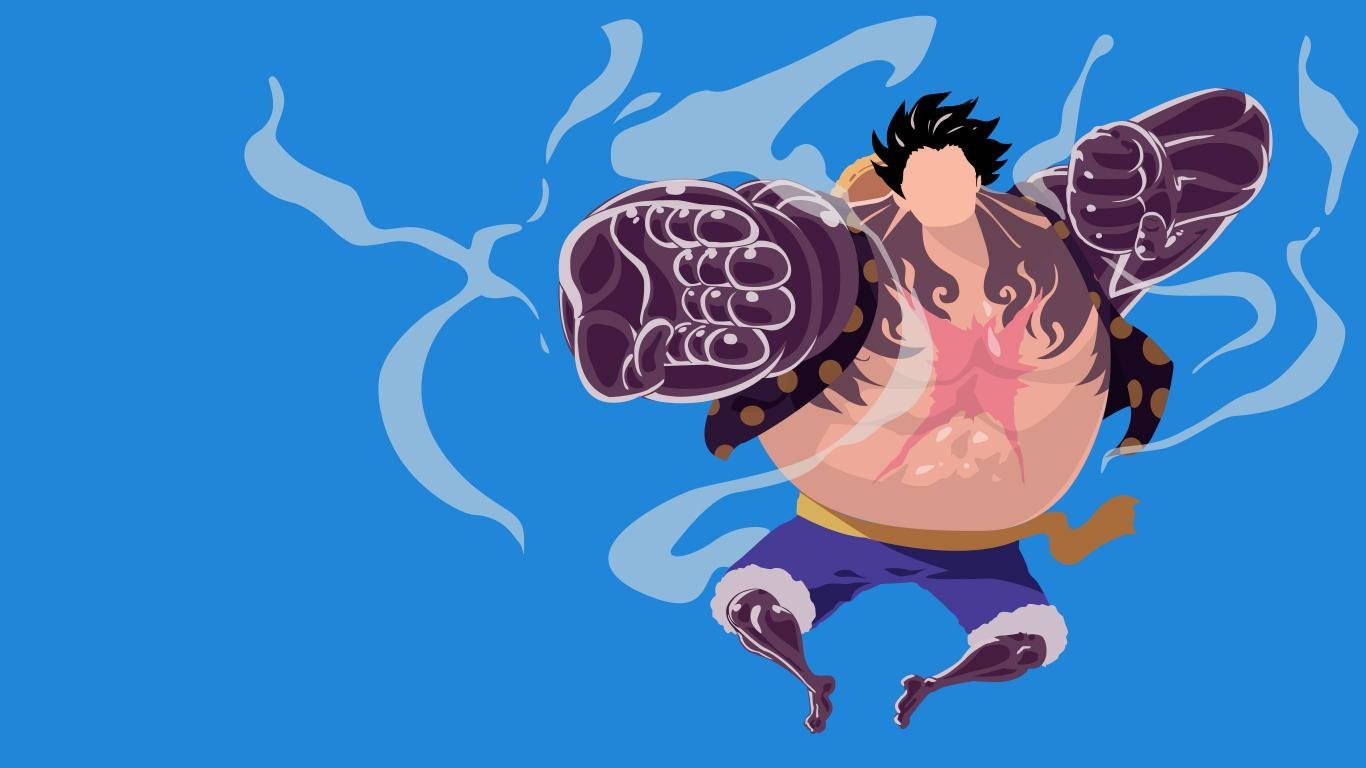 《海賊王》路飛四檔藍色插畫 壁紙 — 一個肌肉發達的動漫角色，擁有尖刺黑髮和巨大拳頭，在帶有旋轉煙霧效果的純藍色背景上向前出拳。