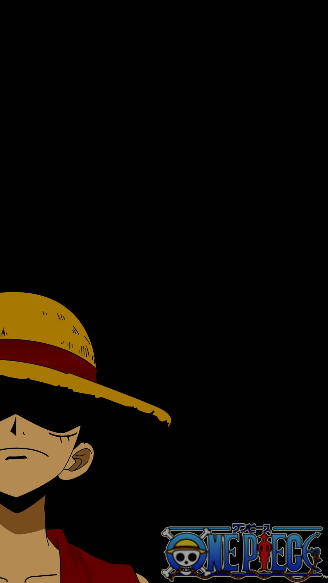 Luffy Aesthetic 桌布 壁紙 — 《海賊王》路飛的黑色剪影，戴著他標誌性的草帽，背景為黑色，並有節目標誌。