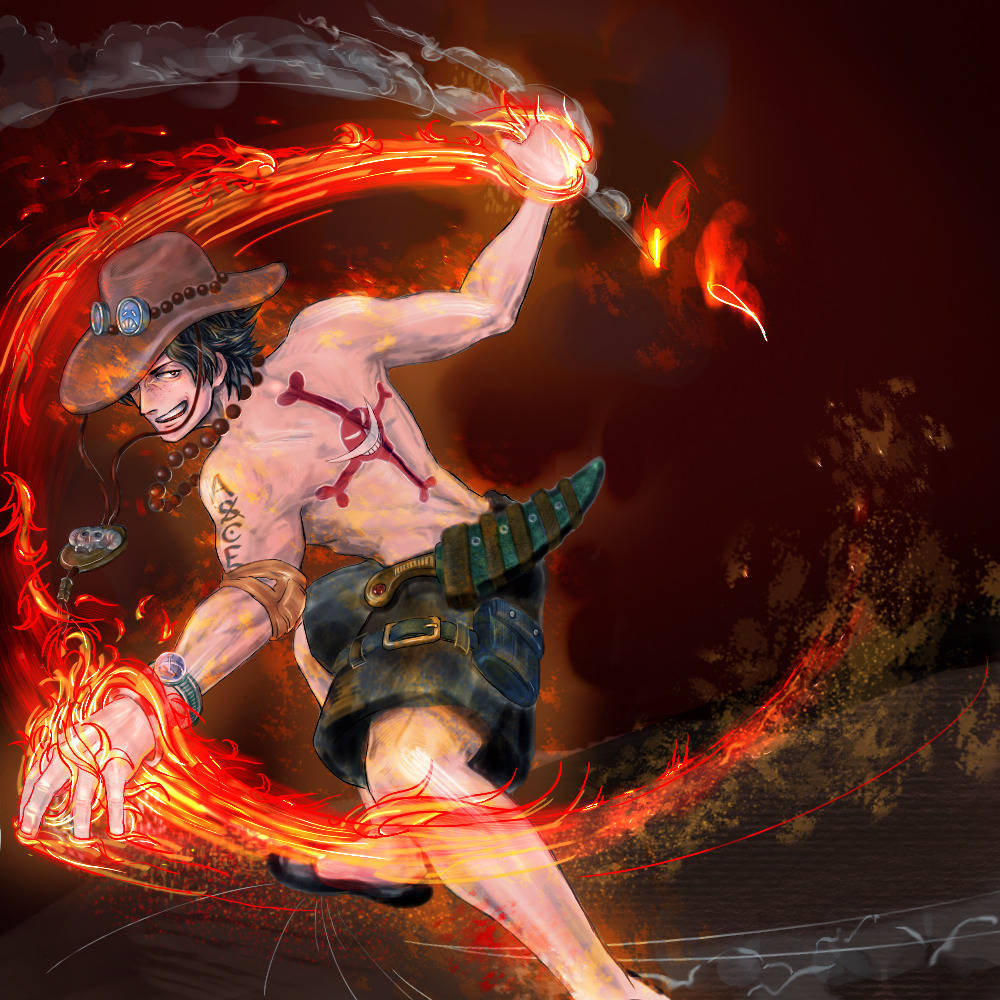 海賊王 阿奇 召喚火焰 壁紙 — 一位肌肉發達的動漫戰士戴著牛仔帽，在深紅色背景前以動態戰鬥姿勢釋放火焰能量。