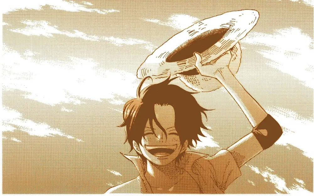 海賊王 阿奇 塞普亞調藝術 壁紙 — 一個快樂的動畫男孩，黑髮，笑著高舉一個大白帽子，背景是帶紋理的棕褐色天空。