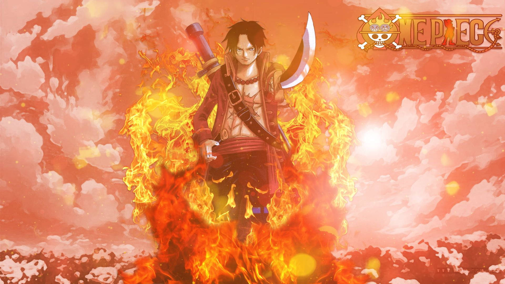 海賊王 阿奇 海盜王 壁紙 — 一個火熱的動漫戰士在夕陽天空下，於咆哮的火焰中挑釁地站立，角落有一個骷髏和交叉骨標誌。