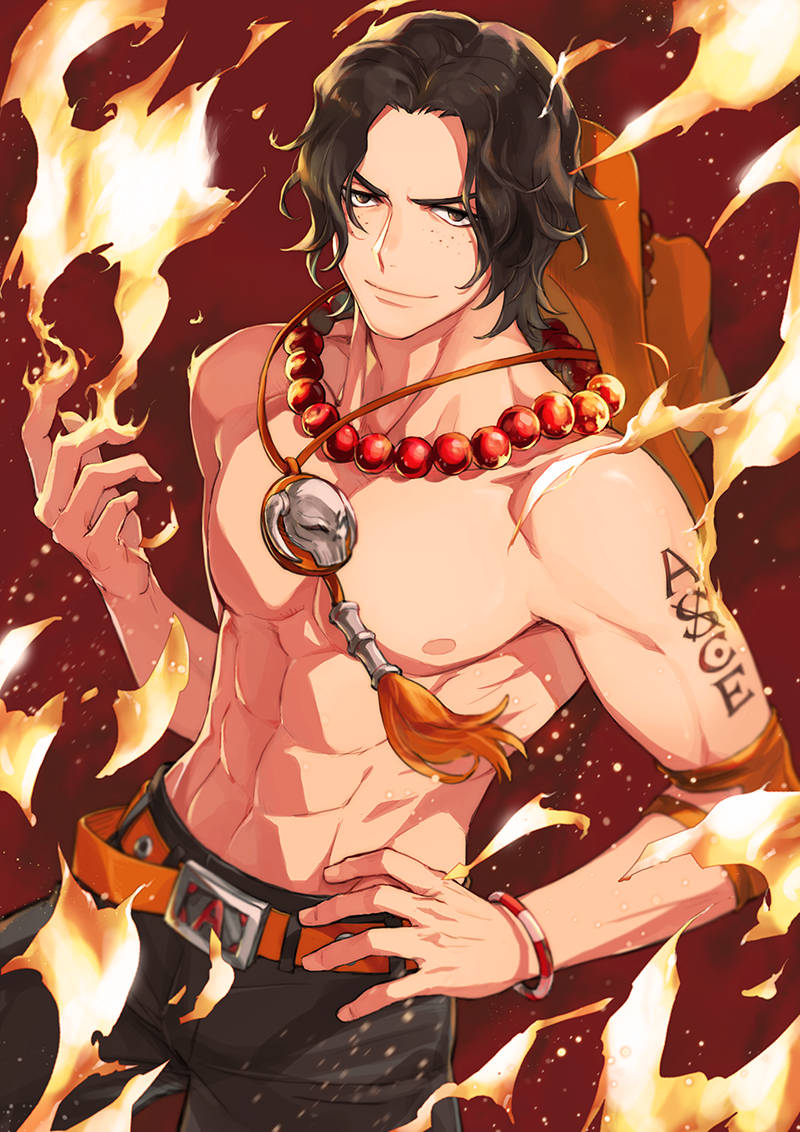 海賊王 阿奇 火焰環繞 壁紙 — 一個肌肉發達的動漫男子，黑髮戴紅色珠鏈，站在火焰中，背景是火紅色。