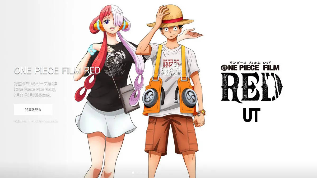 《海賊王》電影紅 x UNIQLO 聯名款 壁紙 — 兩個來自《ONE PIECE FILM RED》的動漫角色自信地站在純白色背景上，帶有宣傳文字。